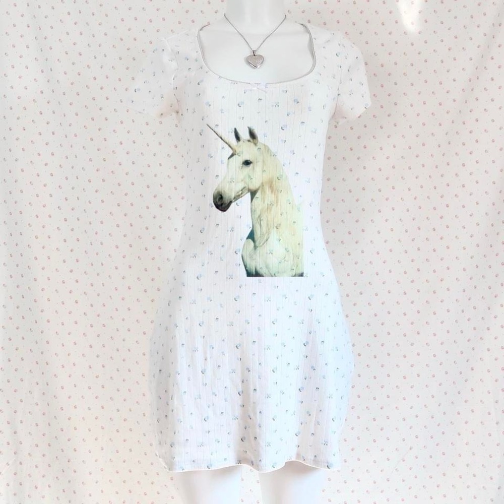 vintage unicorn pointelle mini dress y2k floral milkmaid coquette tee dress